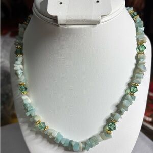 Handmade Beaded Necklace Green and Gold Chips and green crystals 18 inches